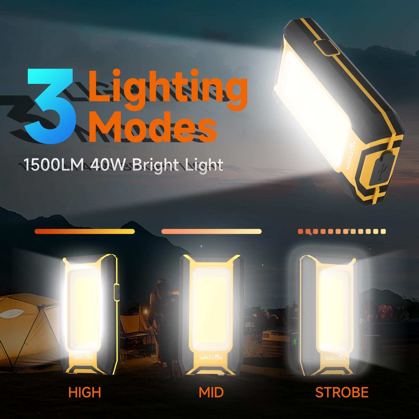 Warsun Led Work Light Rechargeable, Magnetic Cob Portable Worklights, 40W 1500 Lumens,Metal Hanging Hook 3 Lighting Modes, Job Site Lighting For Car Repairing,Camping,Hunting (Yellow)